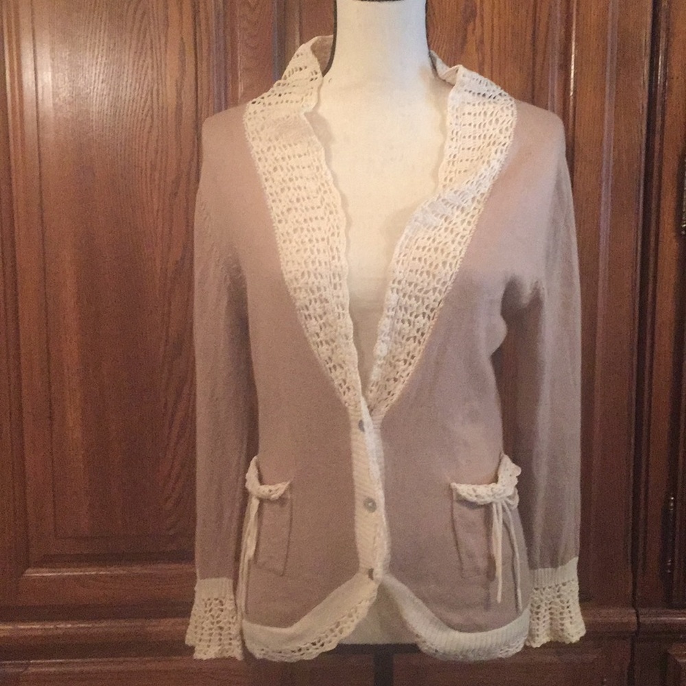 Michael Simon Tan Cardigan With Cream Crochet Trim